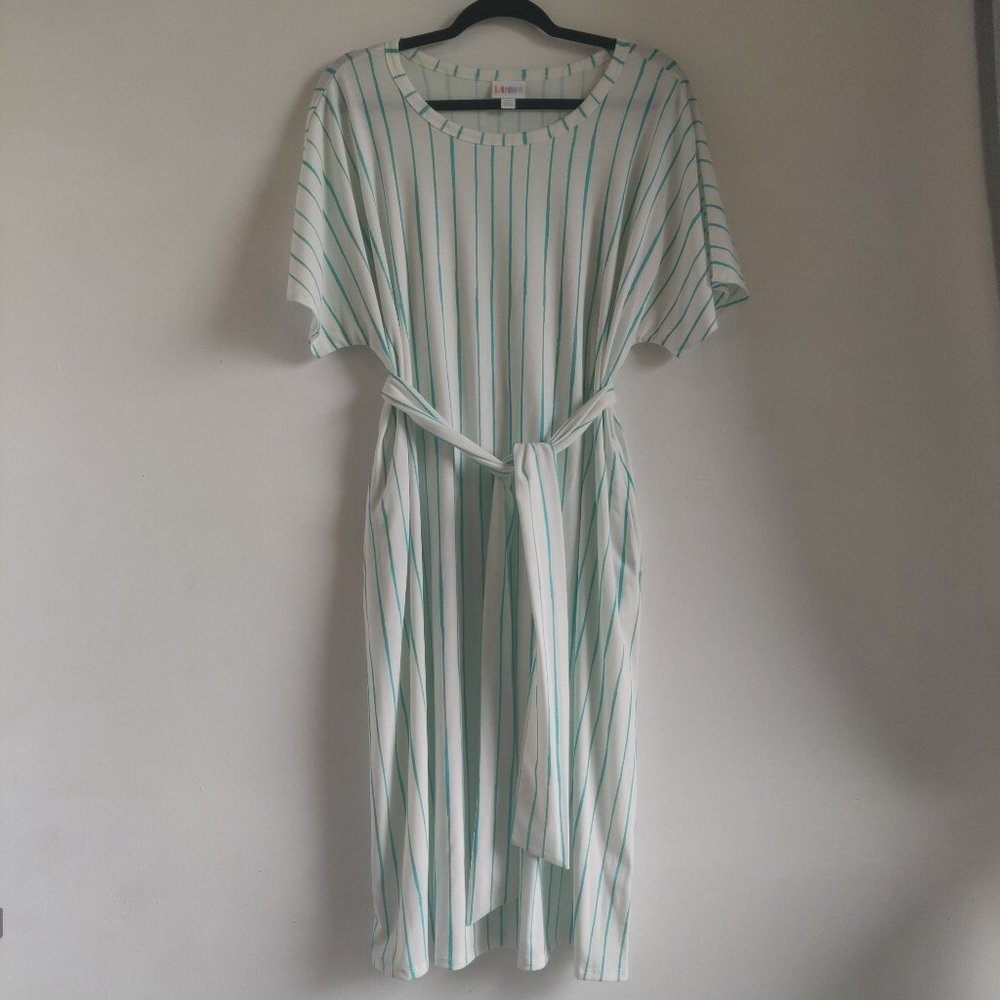 LuLaRoe Marly Aqua Striped White Dress